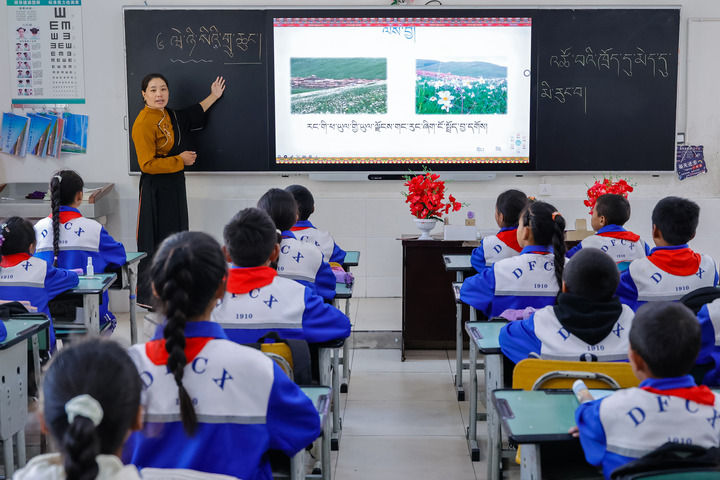 2024年9月27日，在四川省甘孜藏族自治州道孚县城关第一完全小学，采取“藏加模式”教学的五年级一班的藏语文课上，准木周老师指导藏族学生以家乡草原风物为主题写作藏语文作文。新华社记者 沈伯韩 摄
